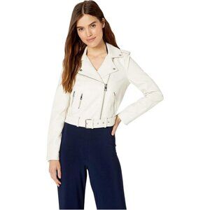 Women The Classic Faux Leather Moto Jacket Font Zipper Long Sleeve White Oyster